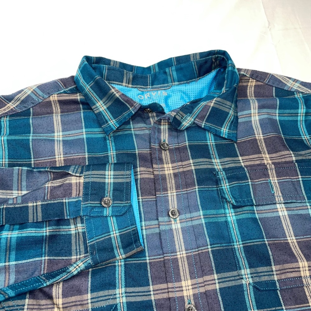 Orvis Mens XXL Blue Teal Plaid Long Sleeve Button Down Shirt Polyester Mesh Yoke
